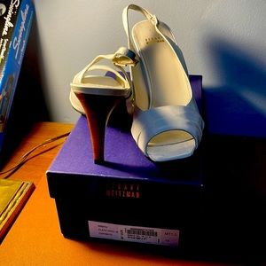 White Stuart Weitzman wood heeled sling back sandals